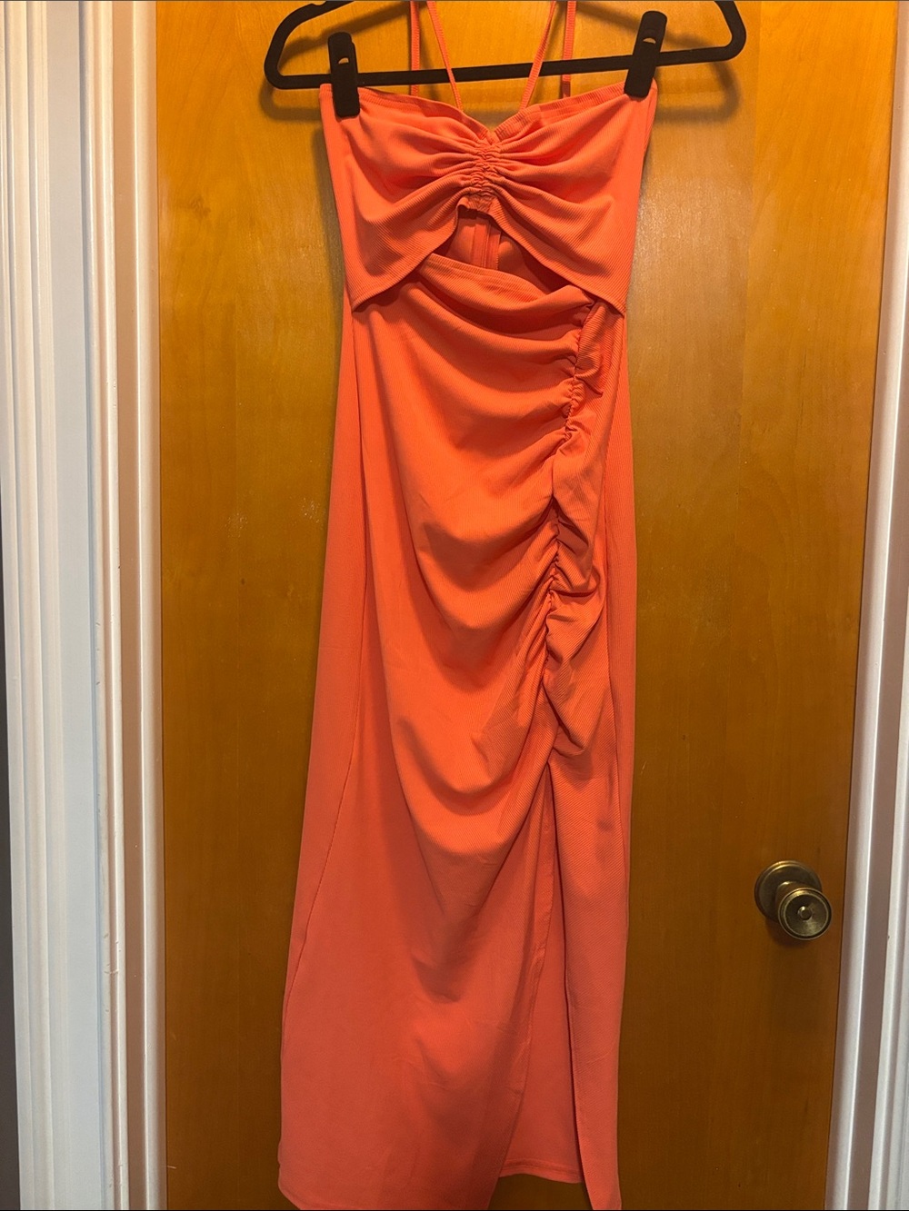 Amazon Coral Ruched Maxi Dress with Slim Straps